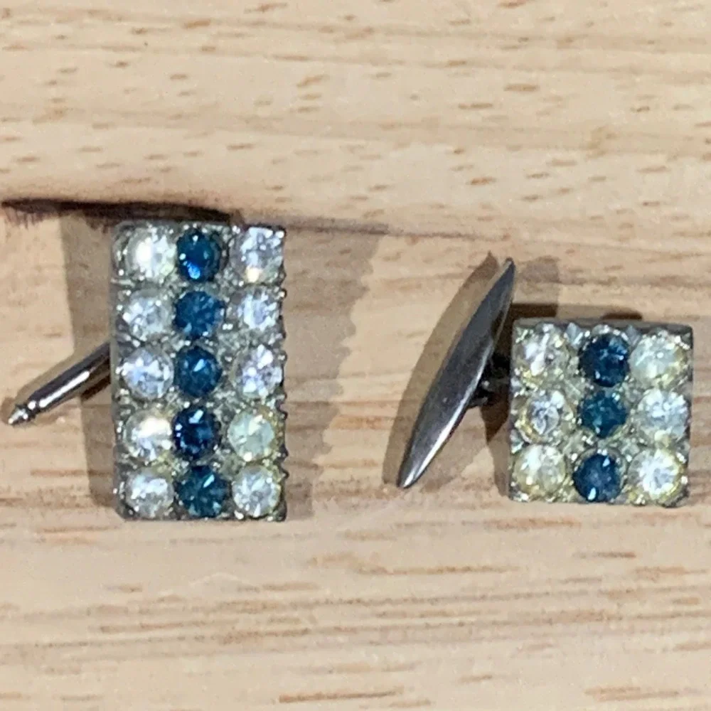 Unbranded Tuxedo Studs Cufflink Mens OS Blue Clear Rhinestone Vintage Formal Set